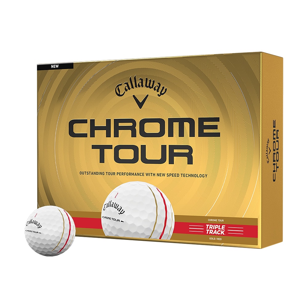 A box of a dozen Callaway Chrome Tour Gold and Red Triple Track golf balls