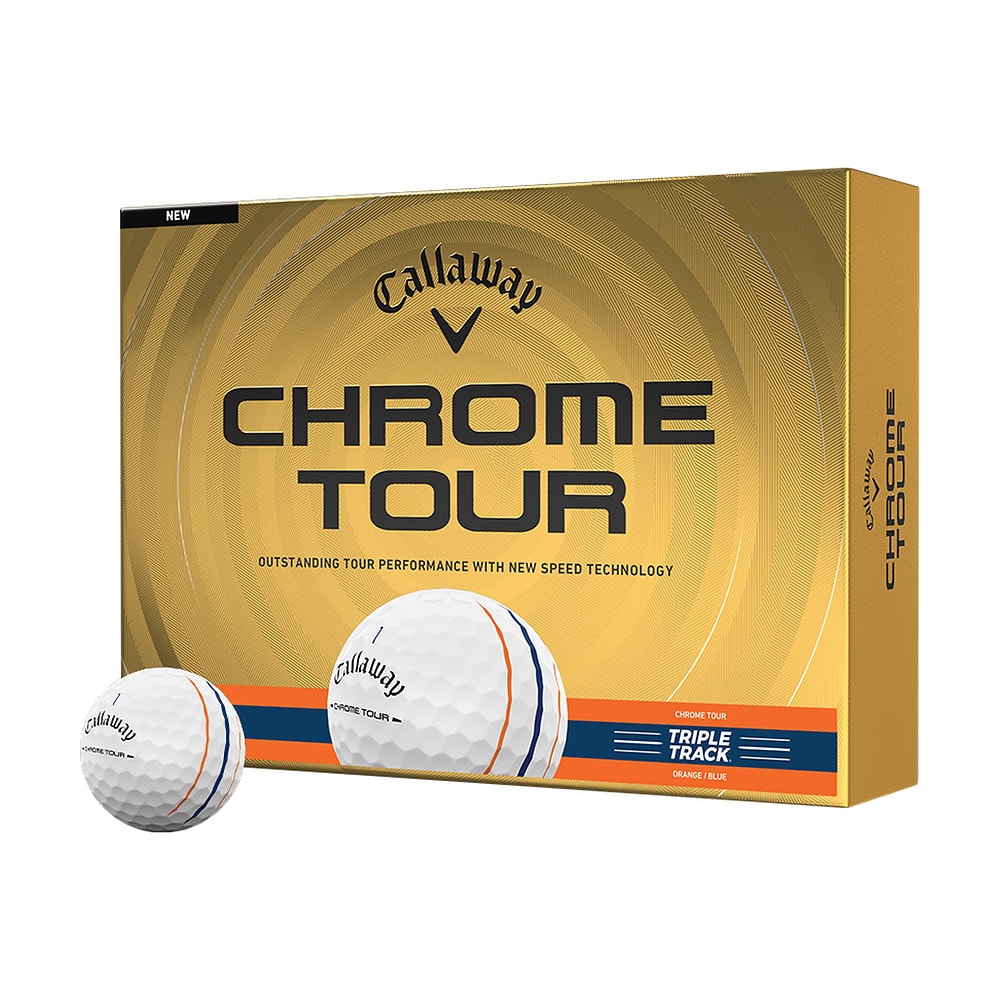A box of a dozen Callaway Chrome Tour Orange and Blue Triple Track golf balls