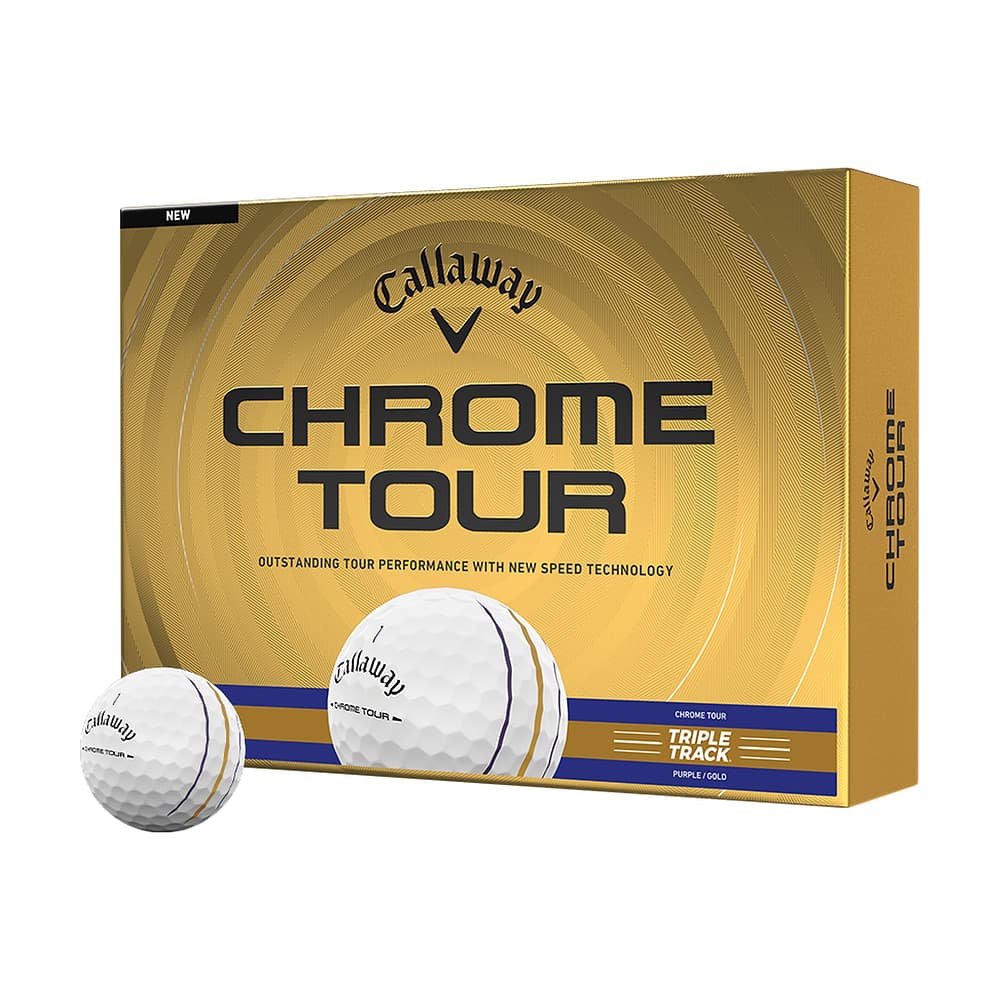 A box of a dozen Callaway Chrome Tour Purple and Gold Triple Track golf balls