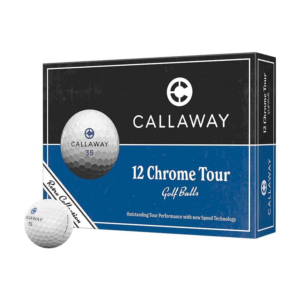 A box of a dozen Callaway Chrome Tour Retro golf balls