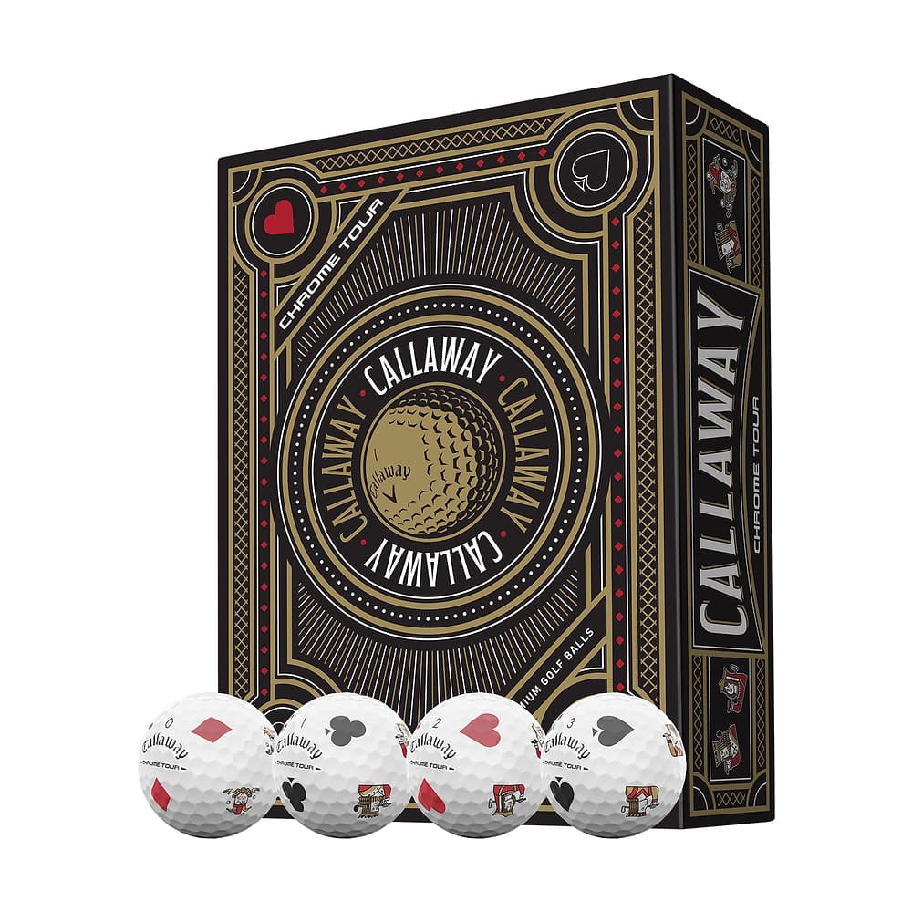 A box of a dozen Callaway Chrome Tour Suits golf balls