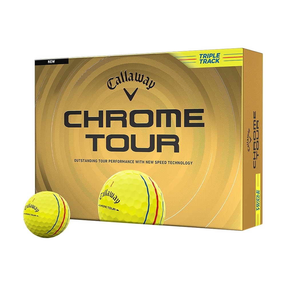 A box of a dozen Callaway Chrome Tour Triple Track Yellow golf balls
