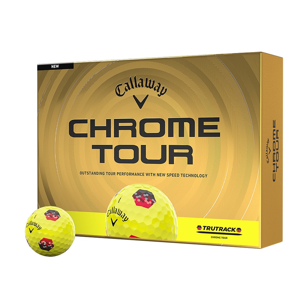 A box of a dozen Callaway Chrome Tour TruTrack Yellow golf balls