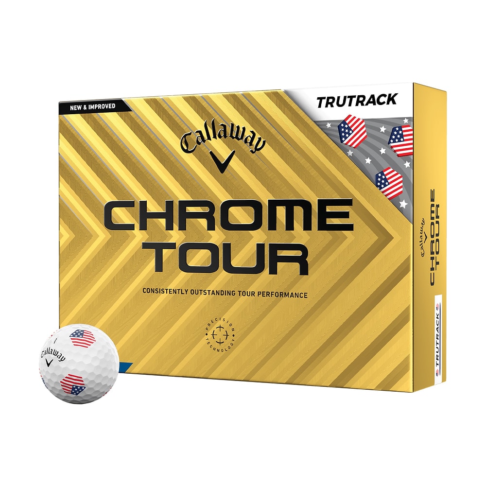 A box of a dozen Callaway Chrome Tour USA TruTrack golf balls