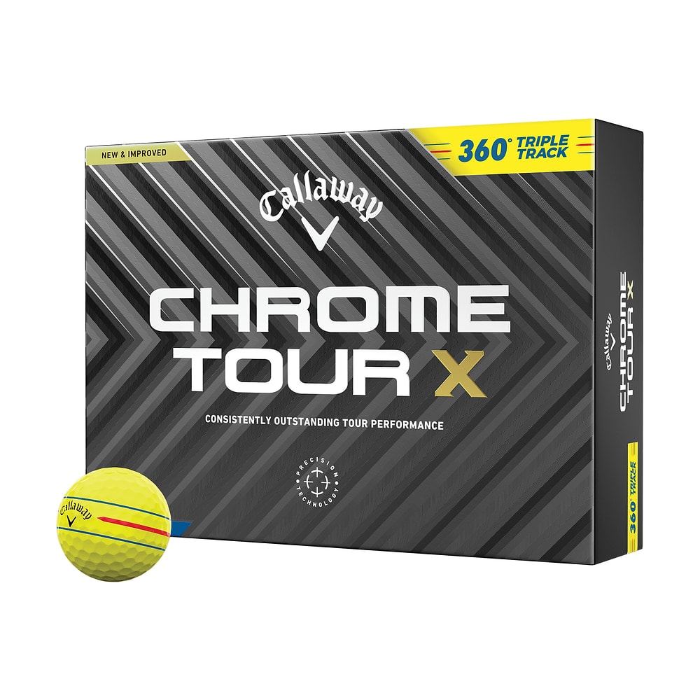 A box of a dozen Callaway Chrome Tour X 360 Triple Track Yellow golf balls