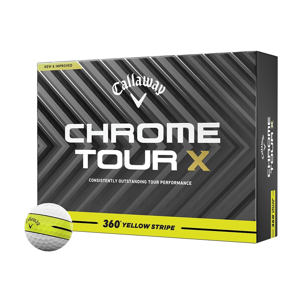 A box of a dozen Callaway Chrome Tour X 360 Yellow Stripe golf balls