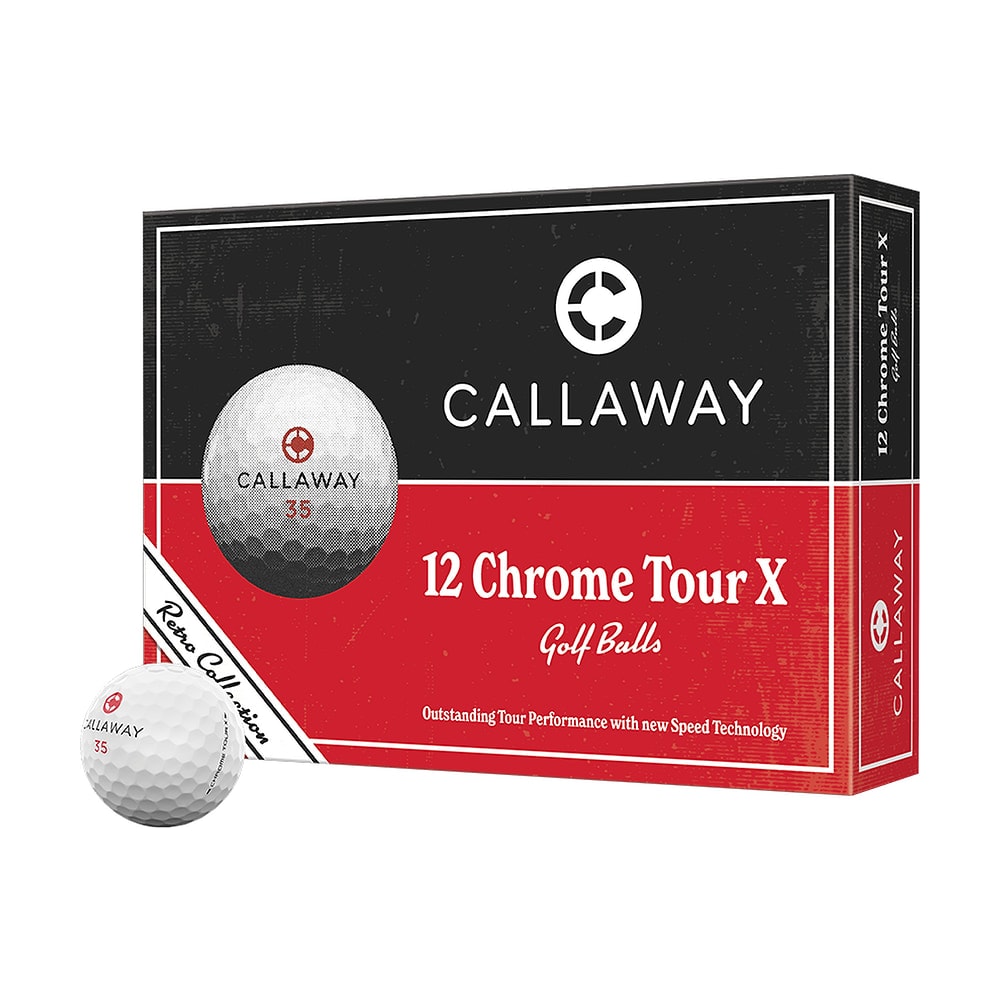 A box of a dozen Callaway Chrome Tour X Retro golf balls