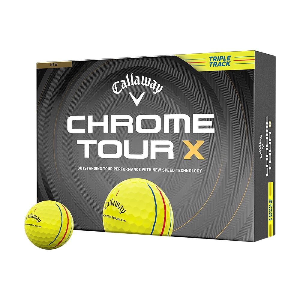 A box of a dozen Callaway Chrome Tour X Triple Track Yellow golf balls