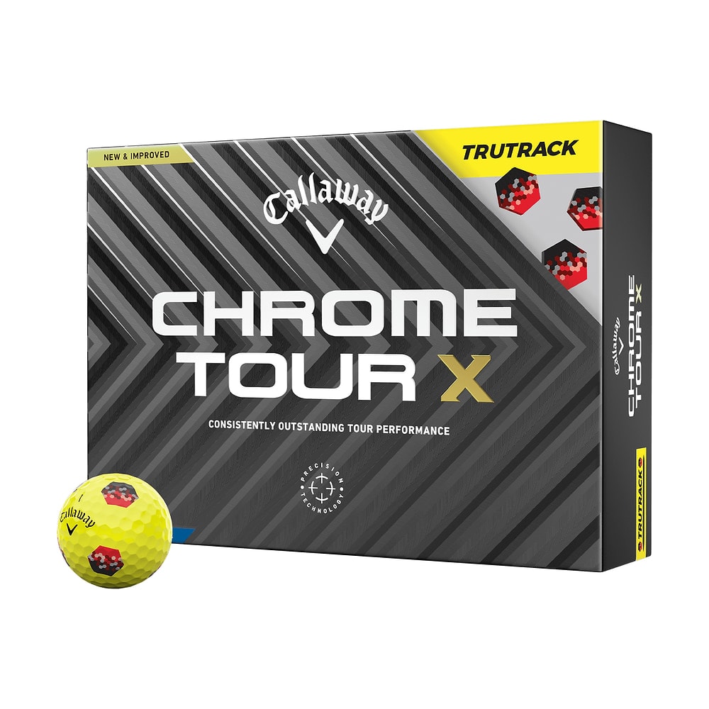 A box of a dozen Callaway Chrome Tour X TruTrack Yellow golf balls