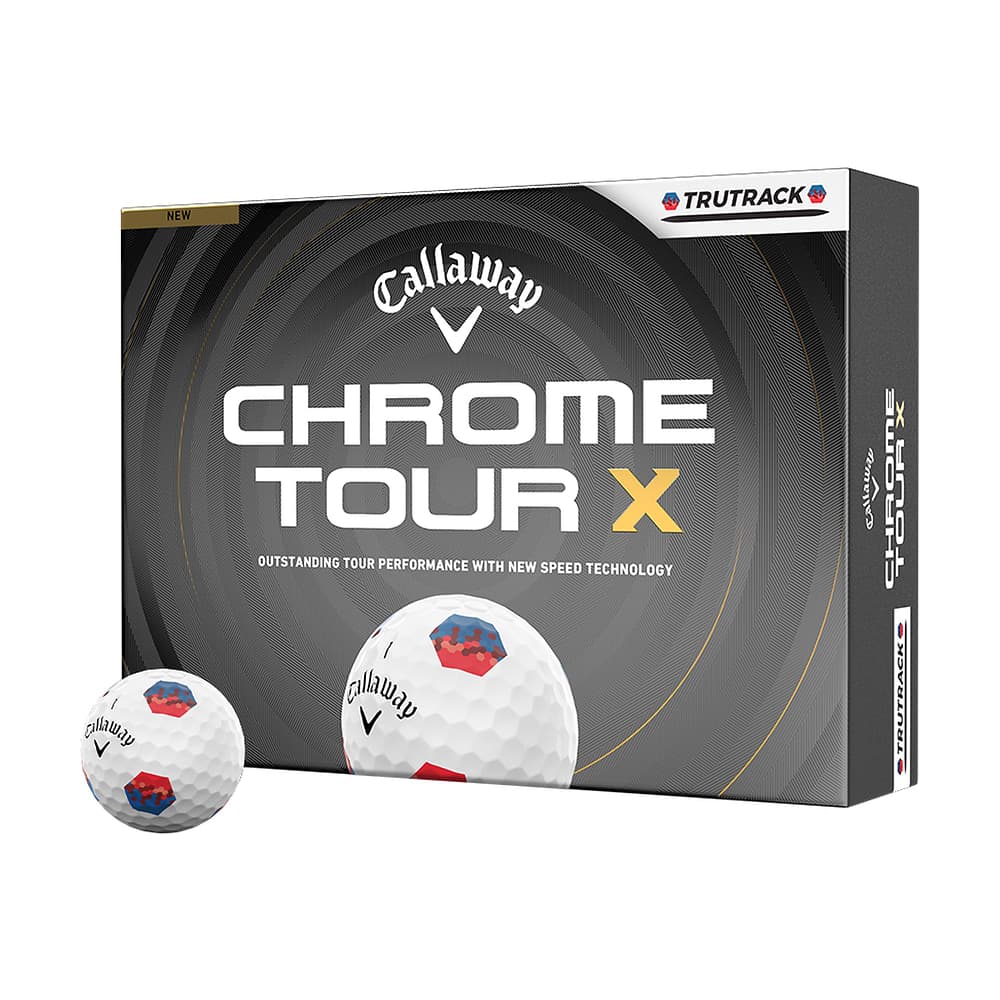 A box of a dozen Callaway Chrome Tour X TruTrack golf balls