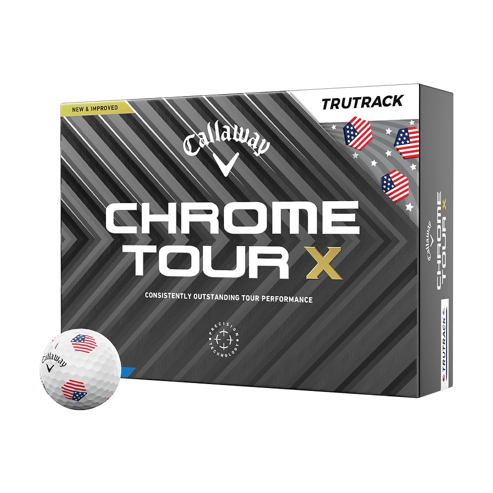 A box of a dozen Callaway Chrome Tour X USA TruTrack golf balls
