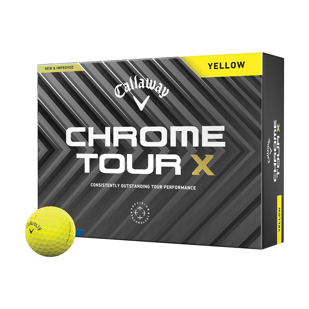 A box of a dozen Callaway Chrome Tour X Yellow golf balls