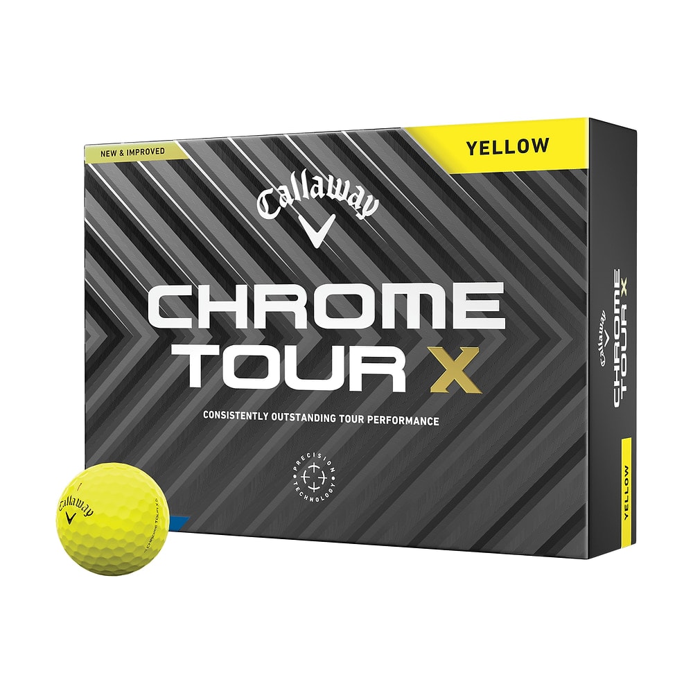 A box of a dozen Callaway Chrome Tour X Yellow golf balls