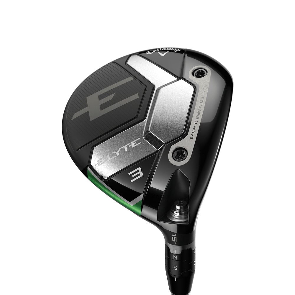 A Callaway Elyte fairway wood head at address, on white