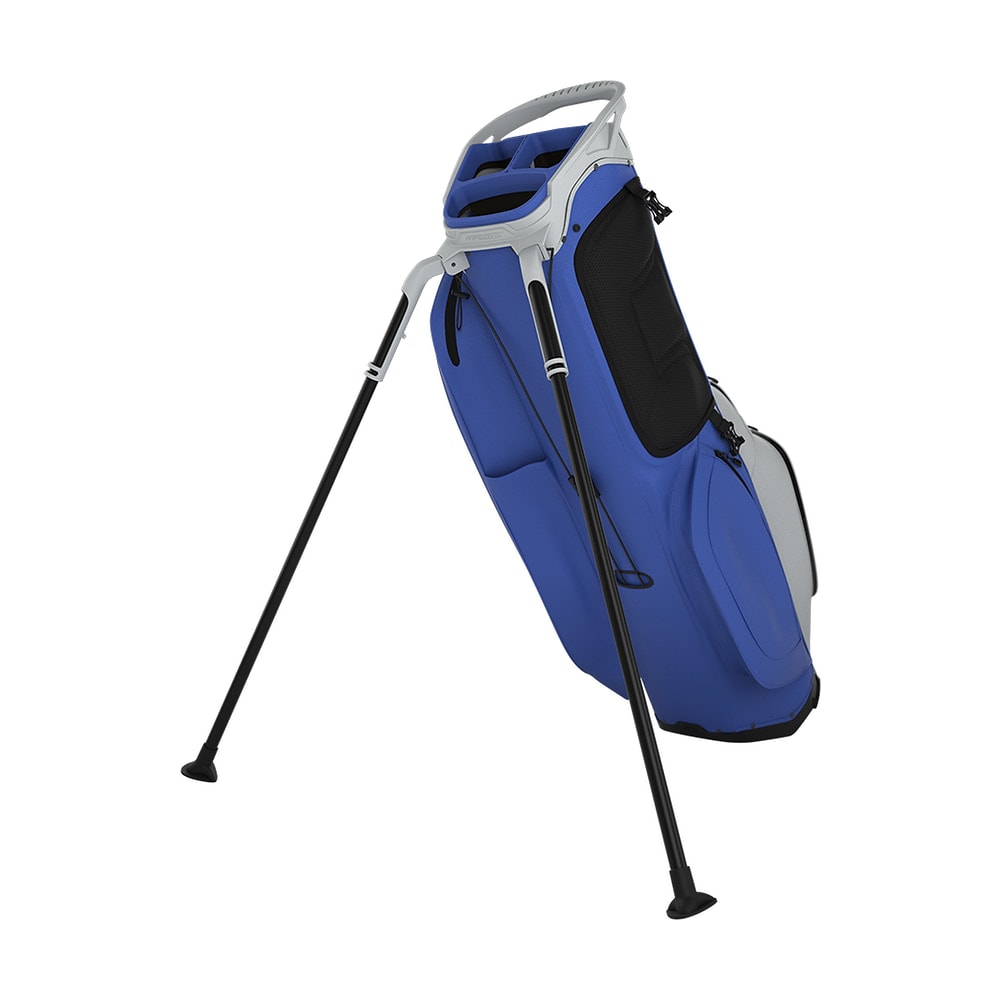 A blue and grey Callaway Fairway C stand bag, legs out, on white