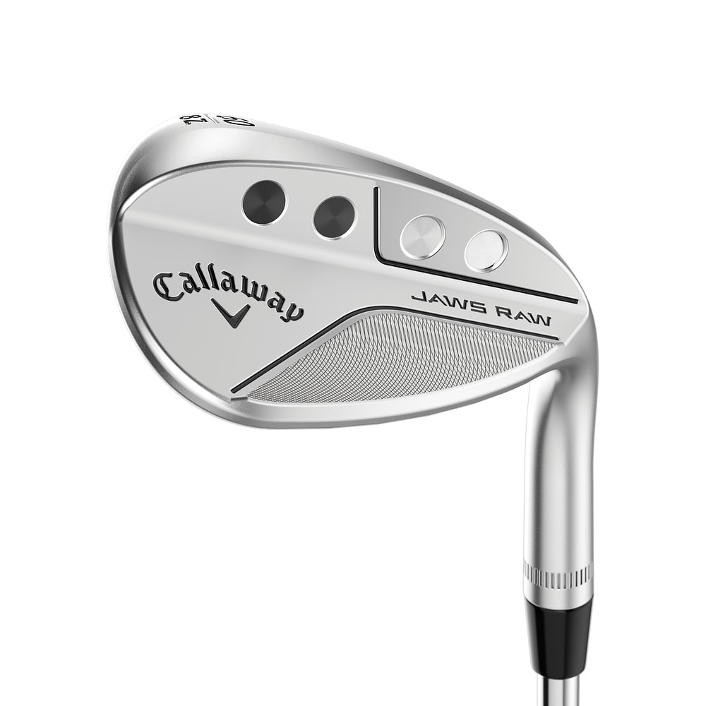 Callaway Jaws Raw Face Chrome Wedges at address, photographed on white