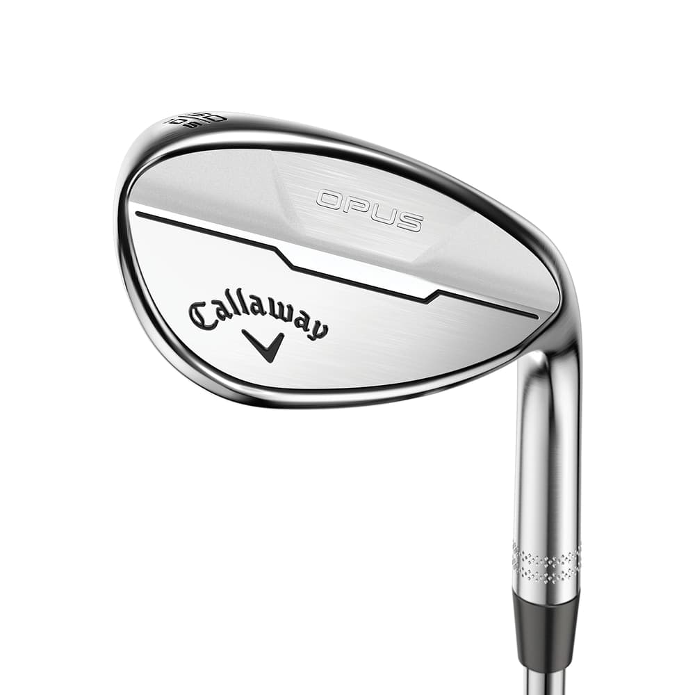Callaway Opus Brushed Chrome Wedges at address, photographed on white