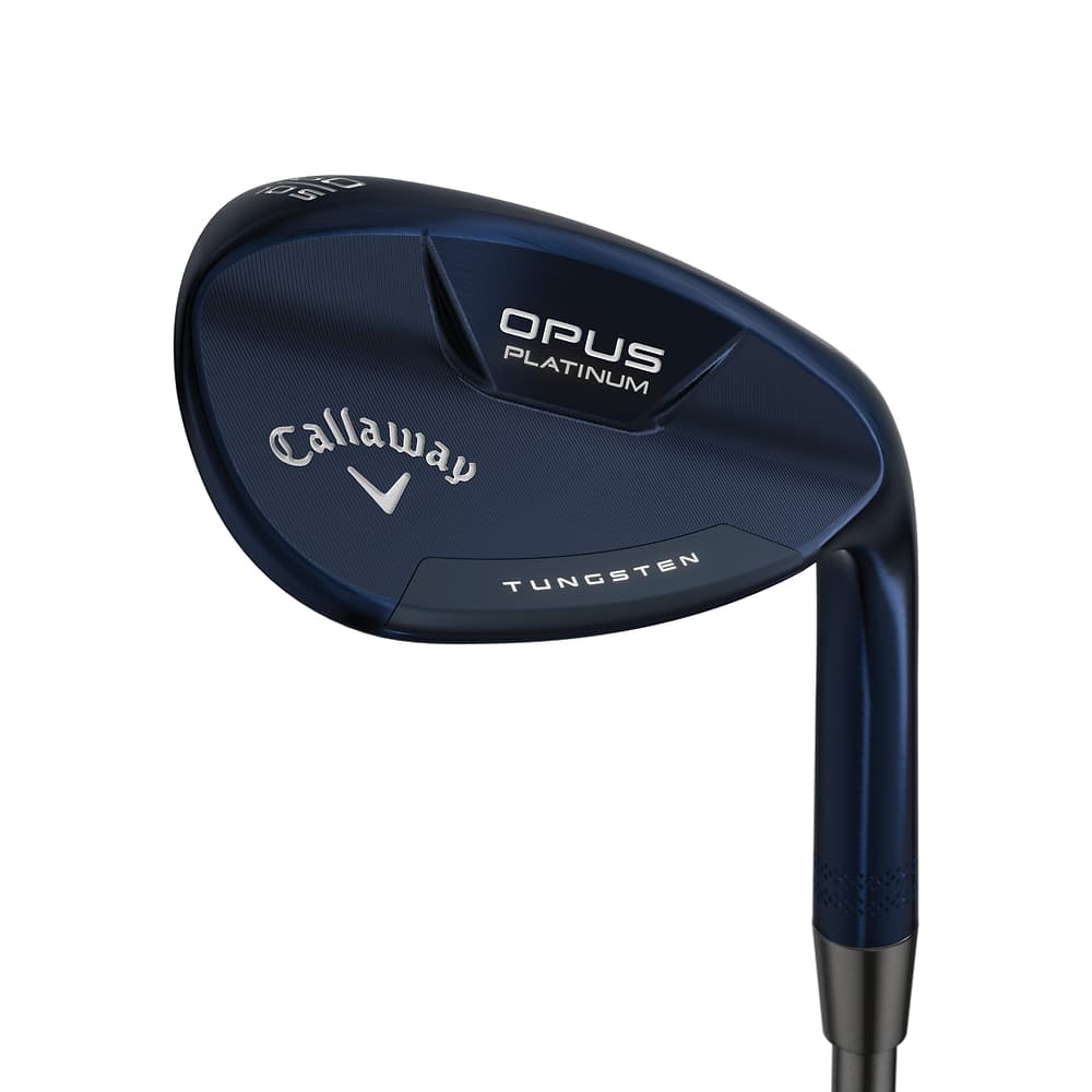 Callaway Opus Platinum Blue Wedges at address, photographed on white