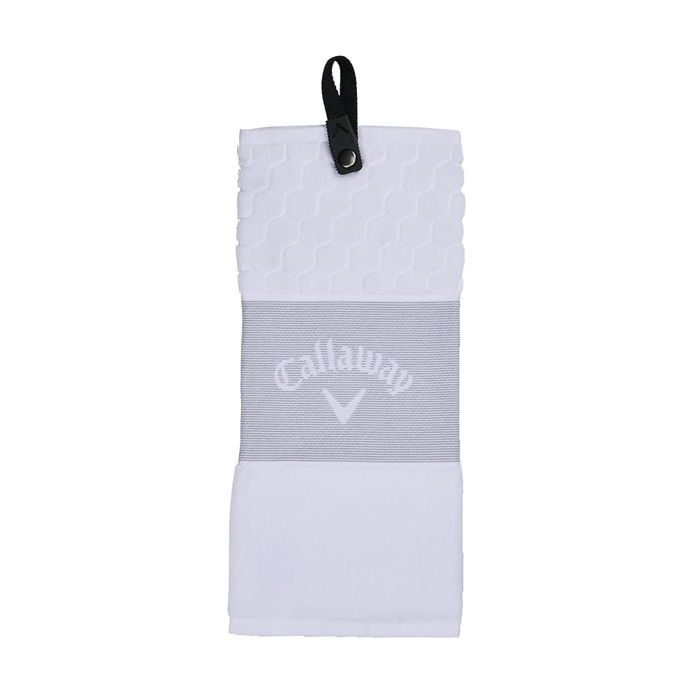 A white Callaway trifold golf towel, on white