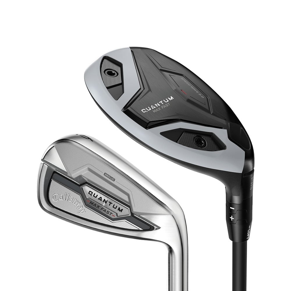 Callaway Women's Quantum Max Fast Hybrid/Iron Combo Sets at address, photographed on white