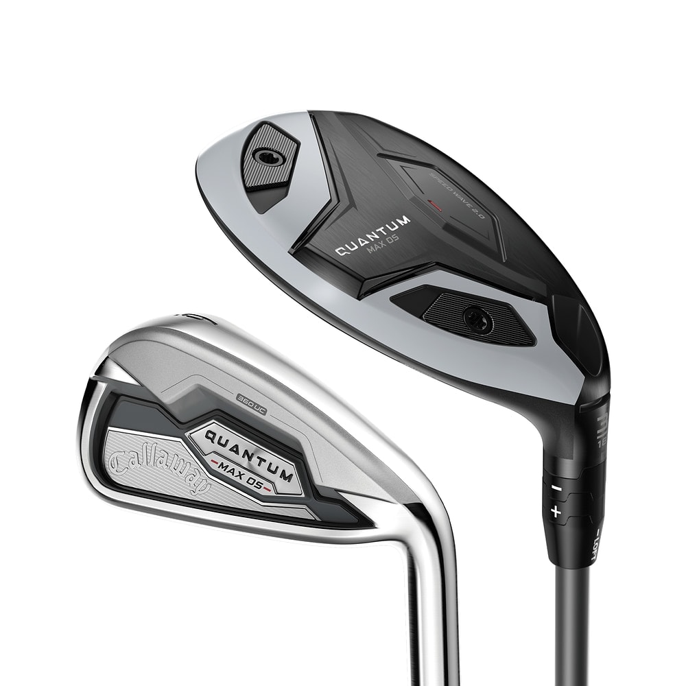 Callaway Women's Quantum Max OS Hybrid/Iron Combo Sets at address, photographed on white