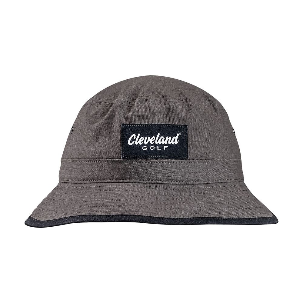 A charcoal Cleveland Golf bucket hat, on white