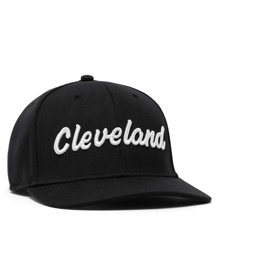 A black Cleveland Golf retro snapback cap, on white