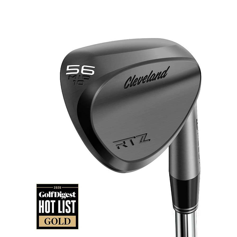 Cleveland RTZ Black Satin Wedge at address, photographed on white