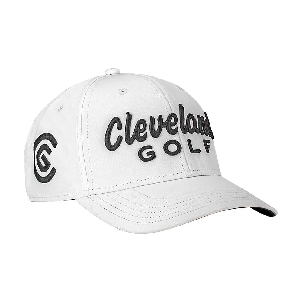 A white Cleveland Golf structured cap, on white