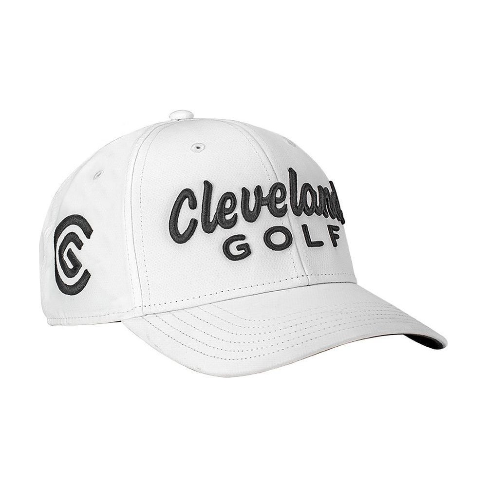 A white Cleveland Golf structured cap, on white