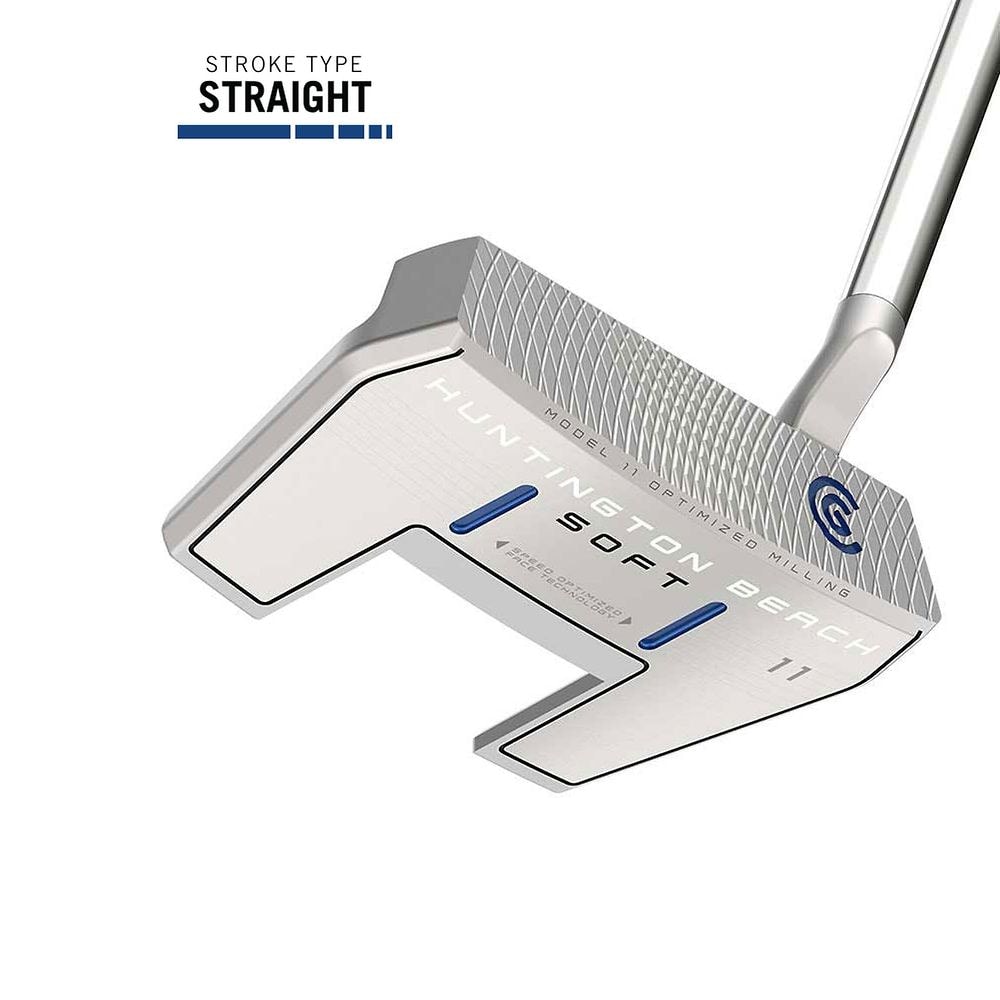 Cleveland Women's Huntington Beach SOFT 11S Half Mallet Putter at address, photographed on white