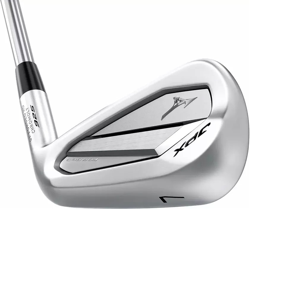 A Mizuno JPX925 Forged seven iron, cavity side, on white