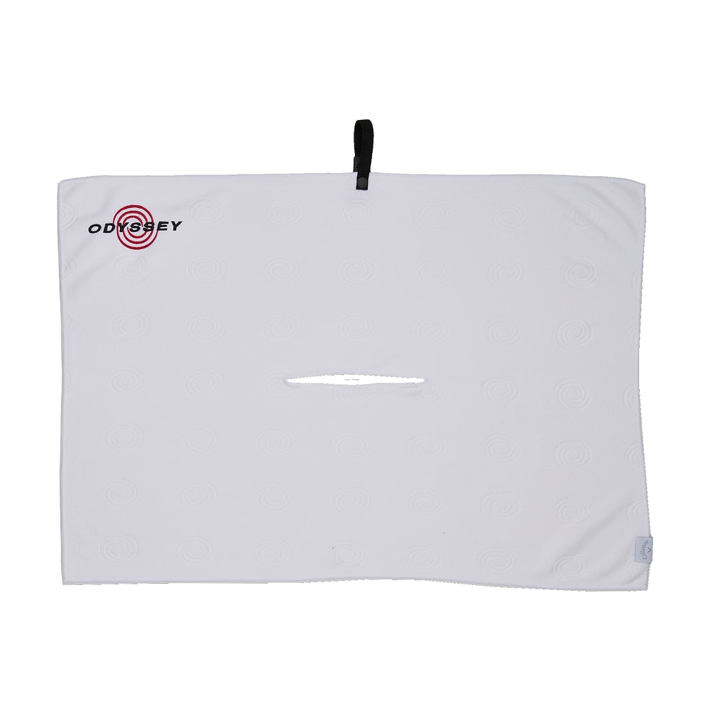 A white Odyssey microfibre golf towel, on white