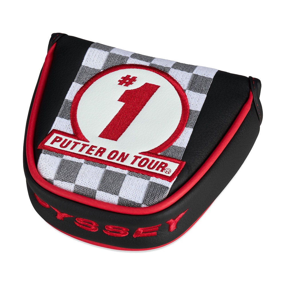 A chequered Odyssey Tempest mallet putter headcover, on white