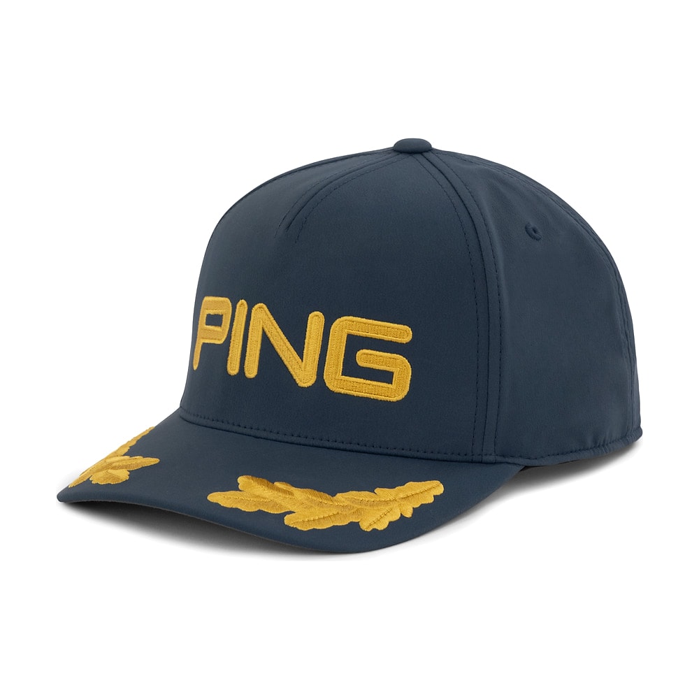 A navy Ping Captain's snapback cap with gold detailing, on white