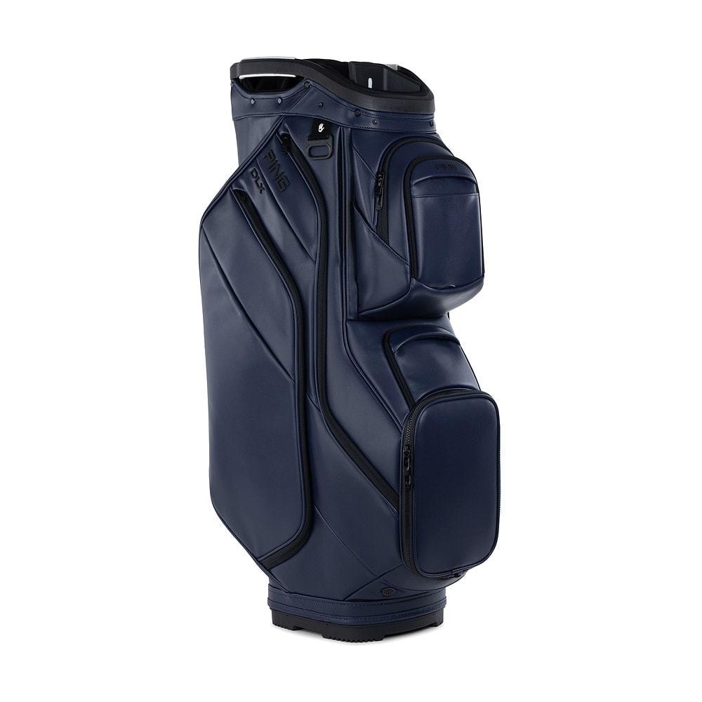 A Ping DLX cart bag in navy, on white