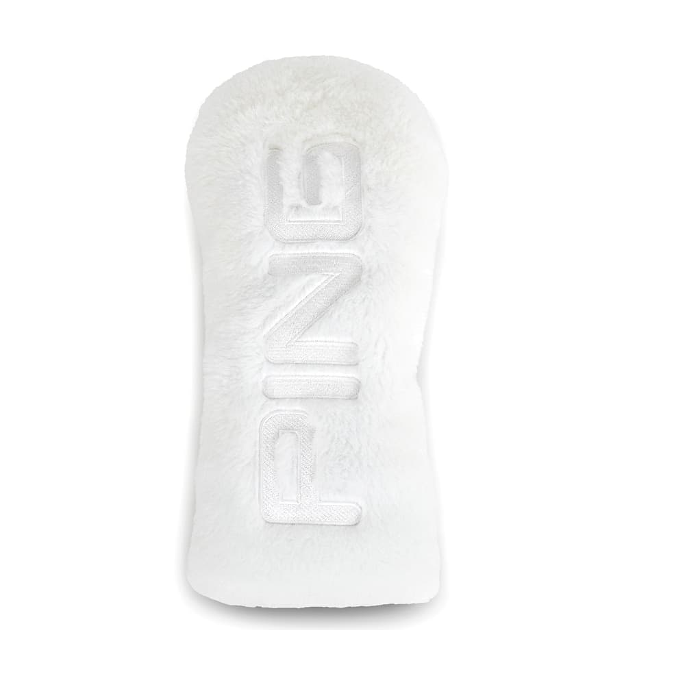 A white fur Ping fairway wood headcover, on white