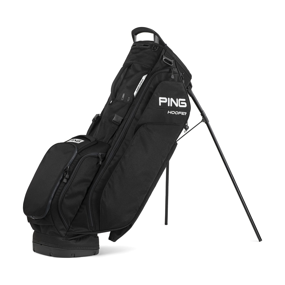 A black Ping Hoofer stand bag, legs out, on white