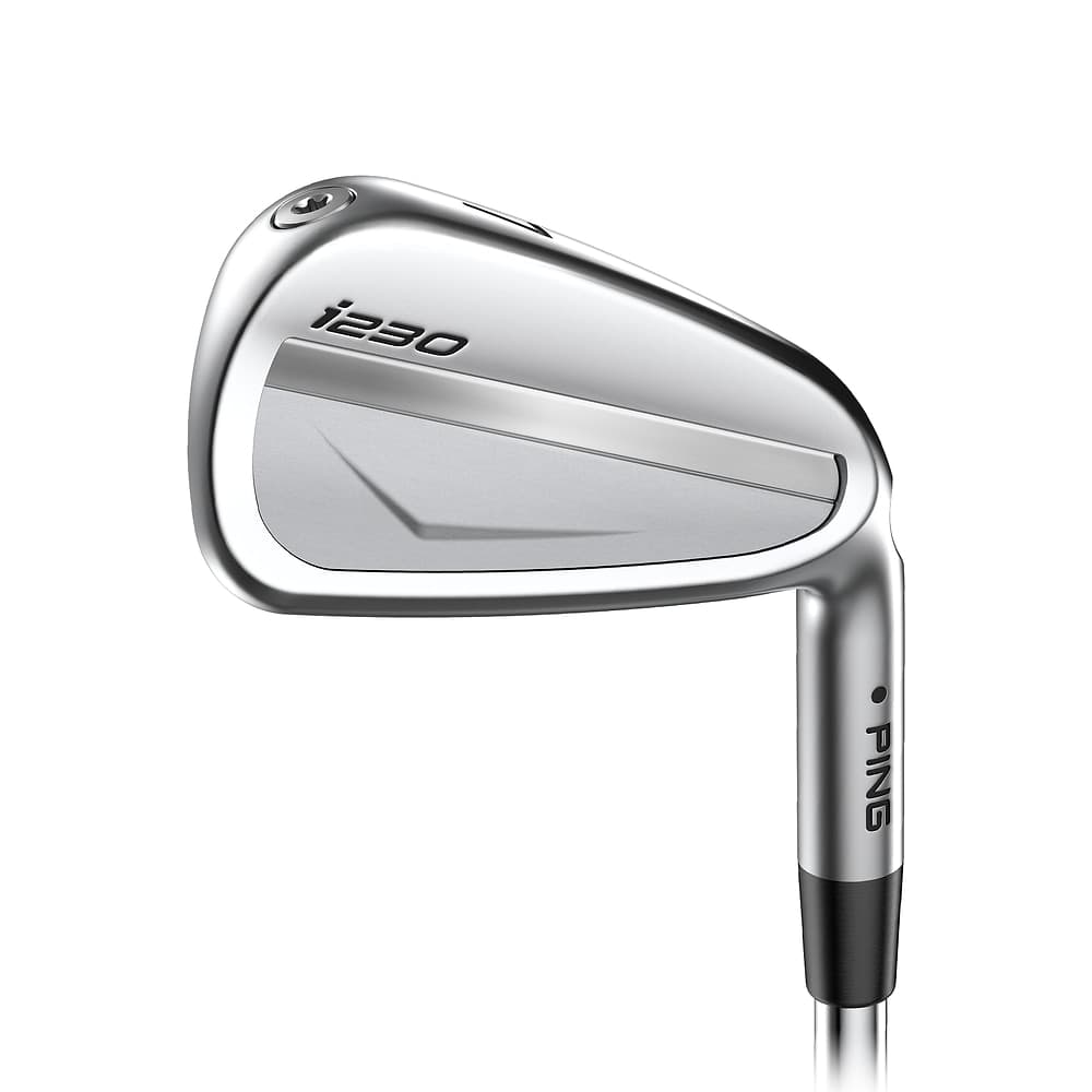 A Ping i230 seven iron, cavity side, on white