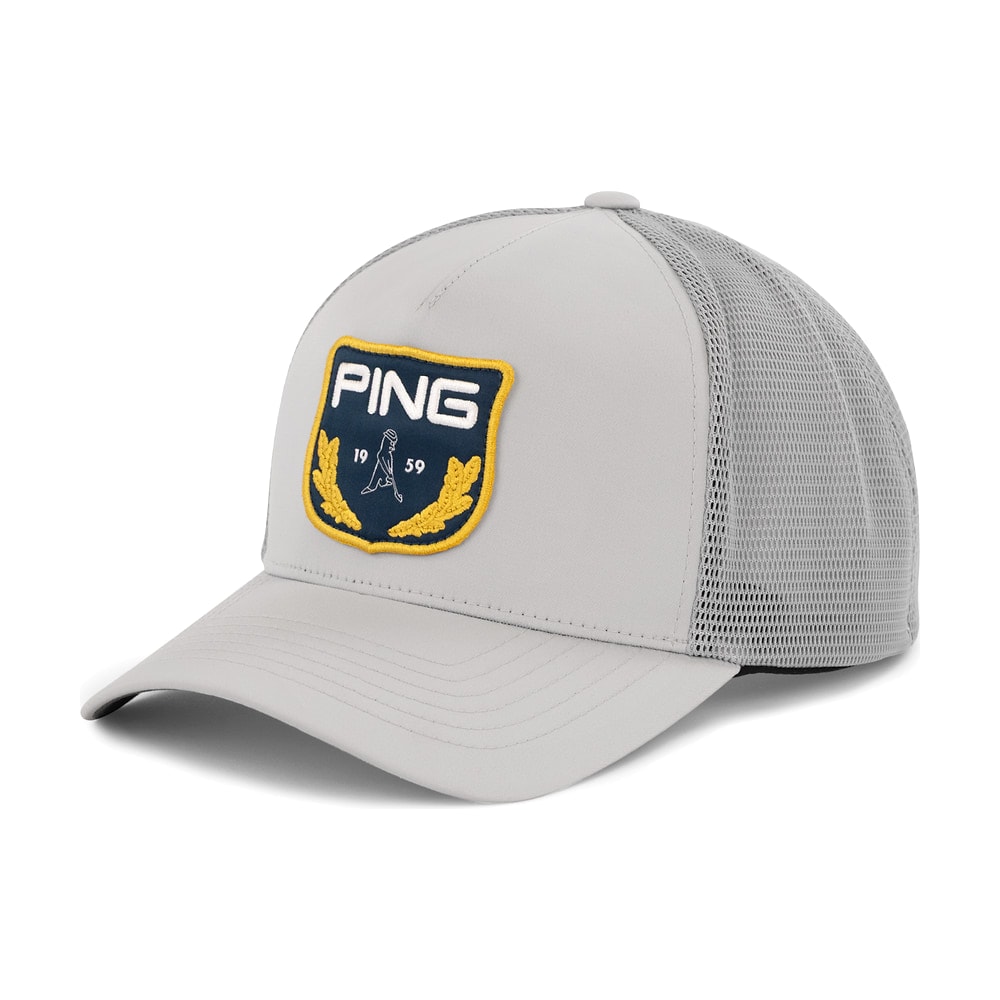 A grey Ping Mr Ping snapback cap, on white