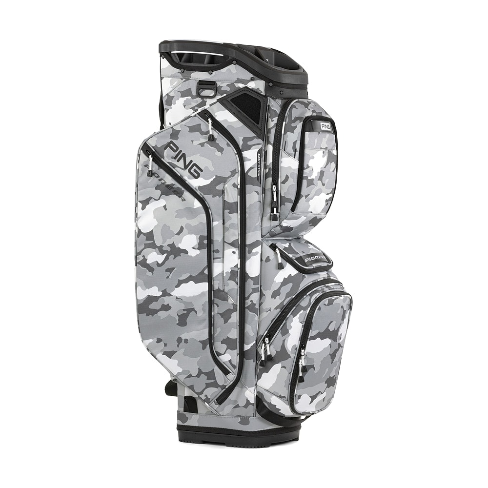 A Ping Pioneer cart bag in camouflage, on white