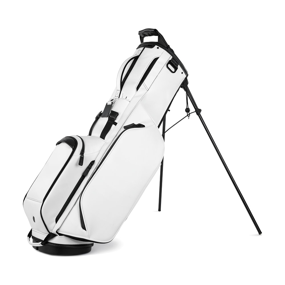 A Ping Reserve stand bag in white, legs out, on white