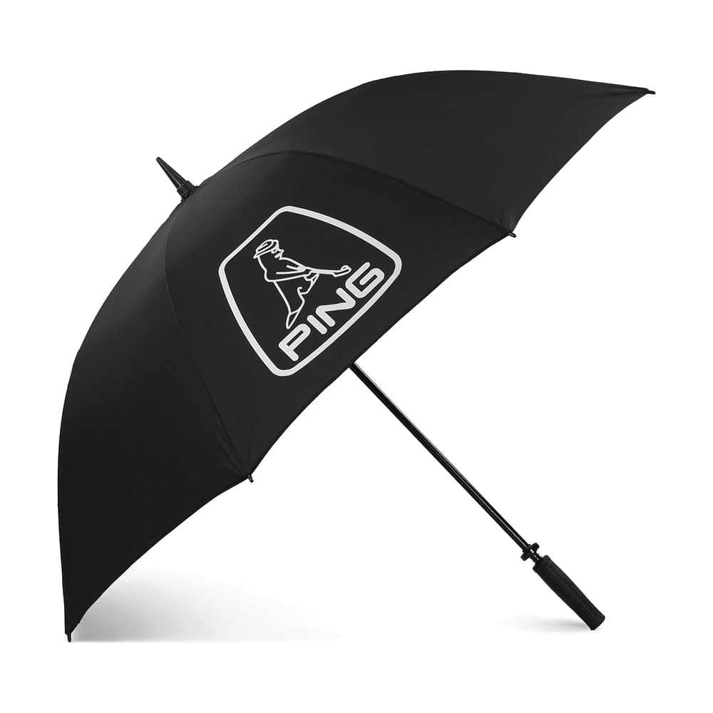 A black Ping single canopy golf umbrella, open, on white