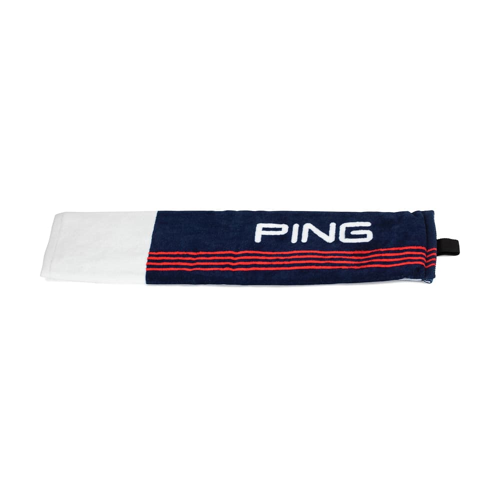 A red, white and navy Ping tri-fold golf towel, on white