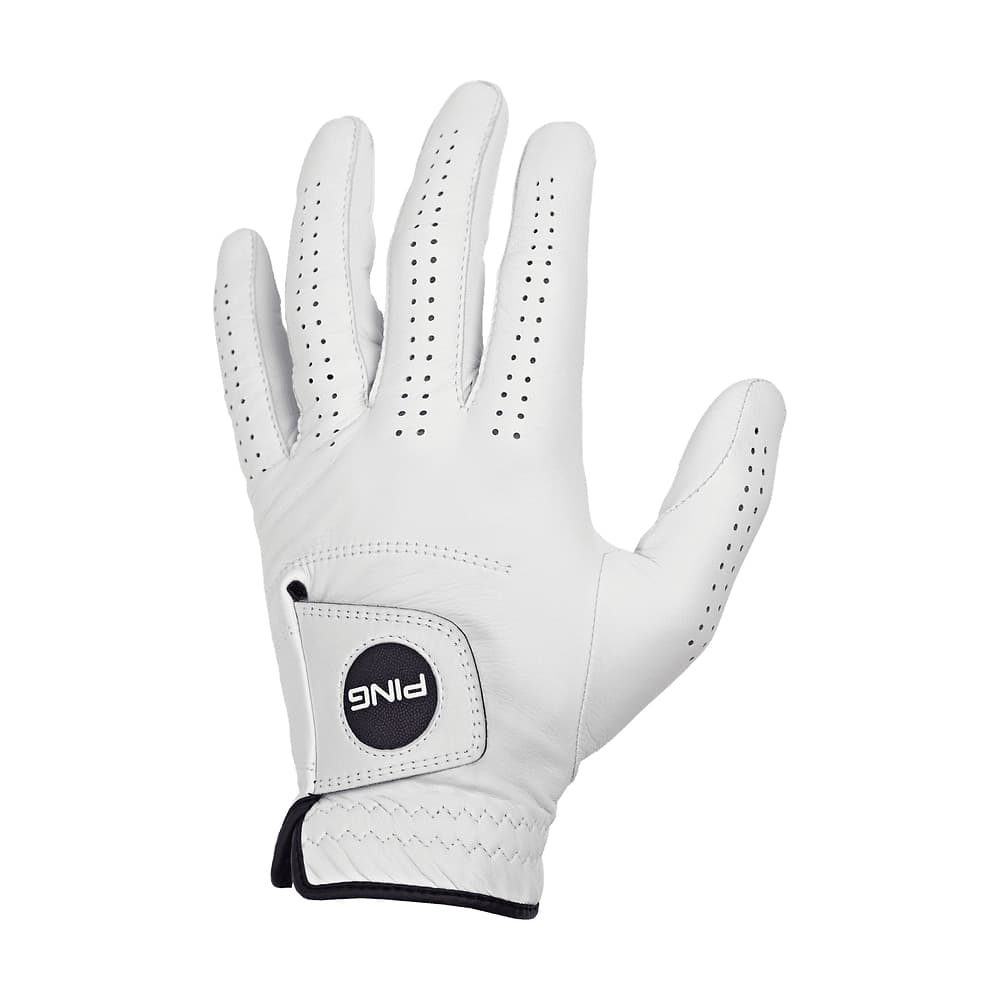 A white Ping Tour cabretta leather golf glove, on white