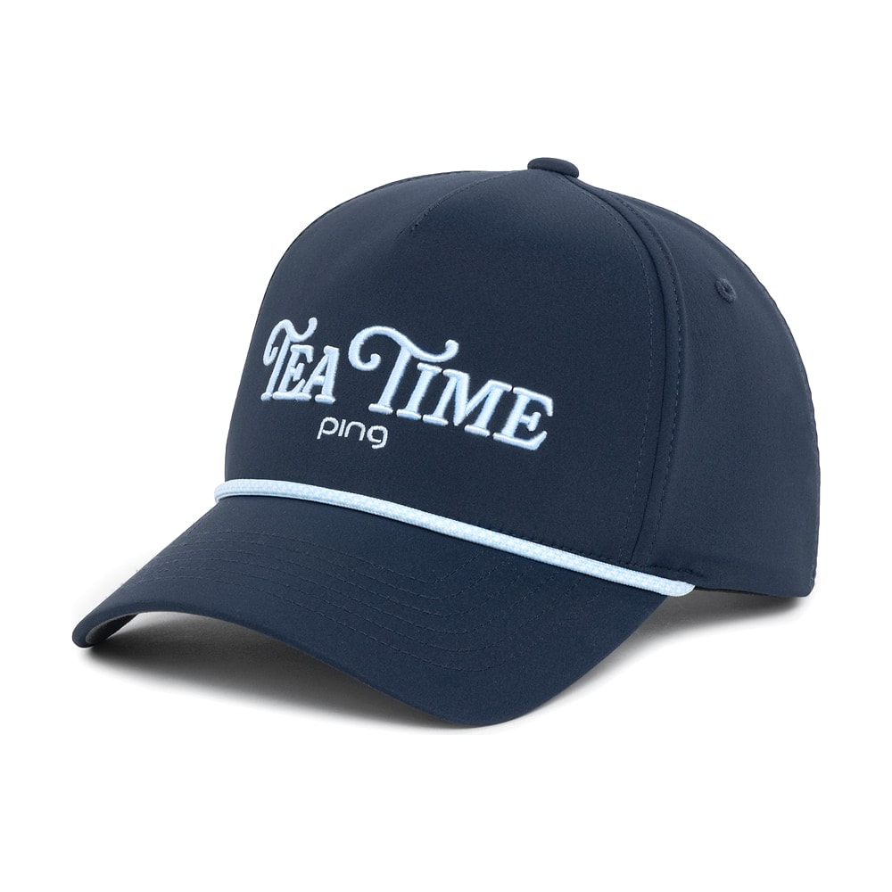 A navy Ping Weekender cap, on white