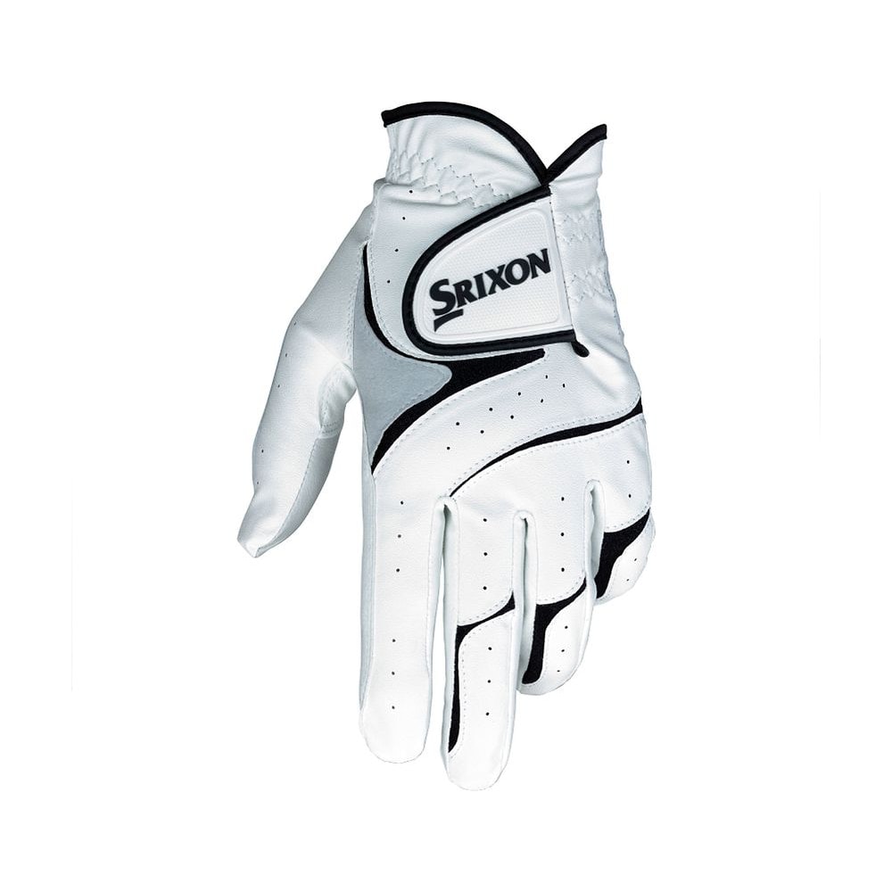 A white and grey Srixon All Weather golf glove, on white
