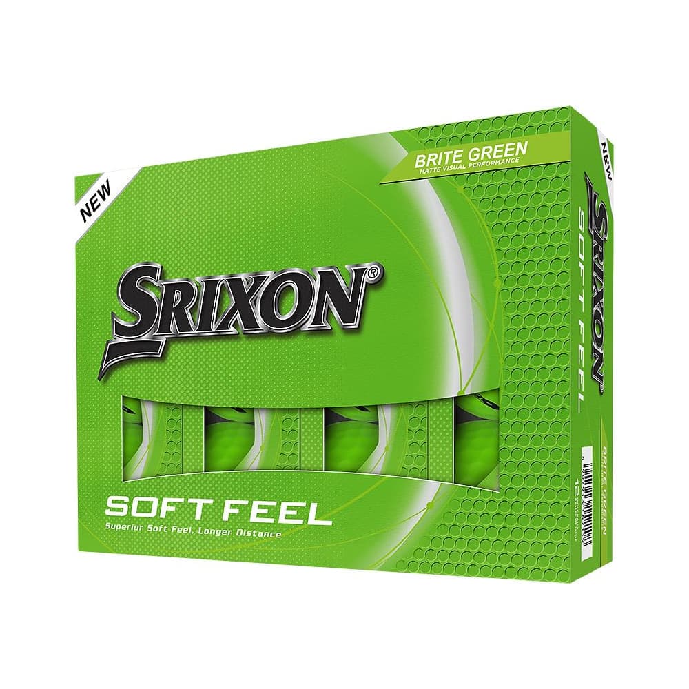 A box of a dozen Srixon Soft Feel Brite golf balls in green