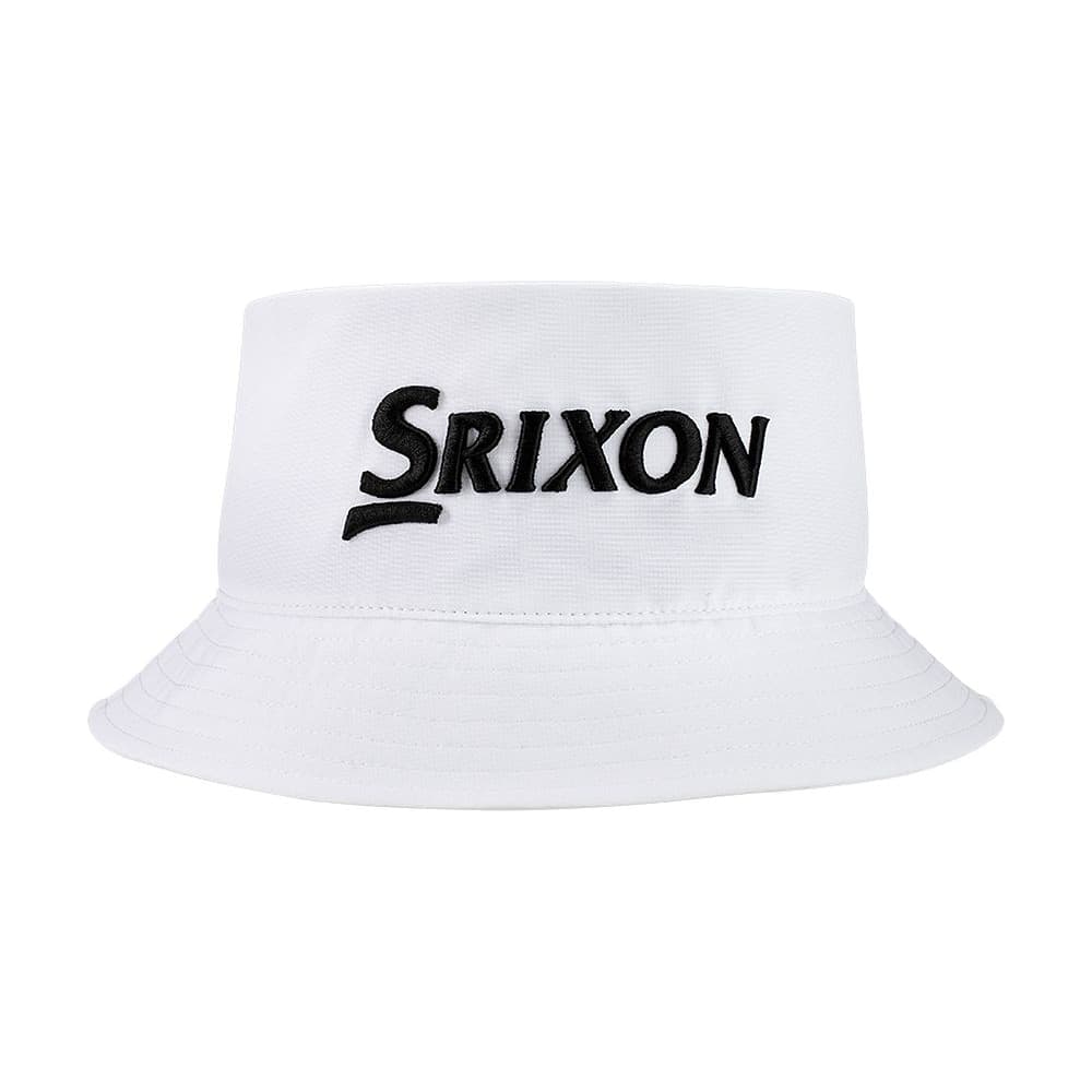 A white Srixon Tour bucket hat, on white