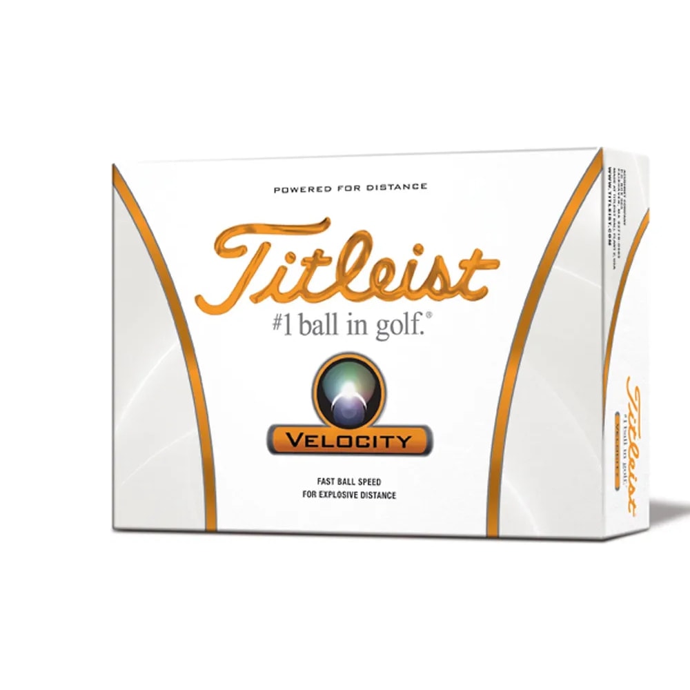 A box of a dozen Titleist Velocity golf balls